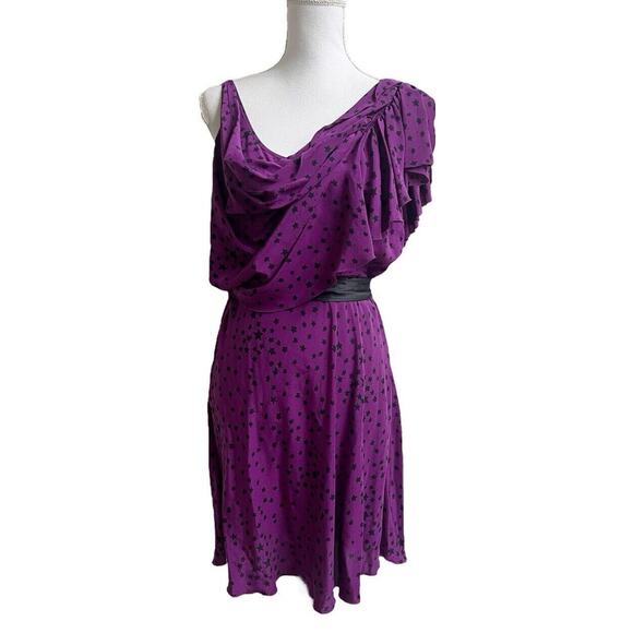 GRYPHON NWT Belle Mini Dress L Asymmetric Purple Star 100% Silk Drape Fairy - Picture 2 of 8